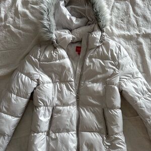 Guess Silver Puffer Jacket with Faux Fur Hood
